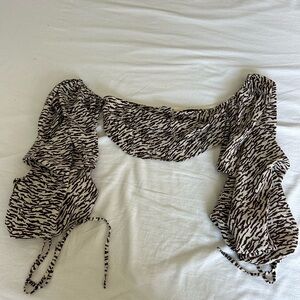 Brown and White Striped Puff Sleeve Crop Top